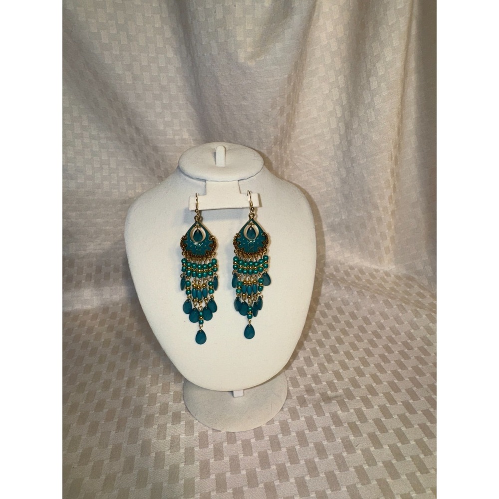 Gold Toned Filigree & Teal Beaded Statement Earrings New